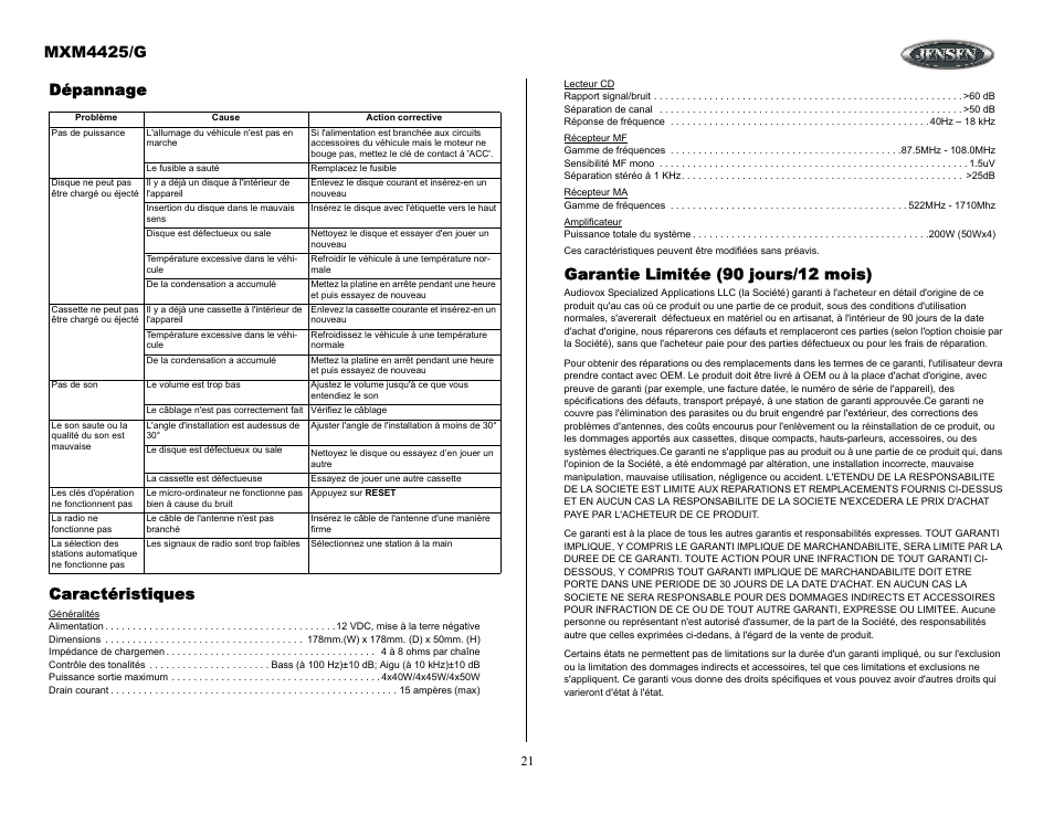 Garantie limitée (90 jours/12 mois), Mxm4425/g, Dépannage caractéristiques | ASA Electronics MXM4425/G User Manual | Page 21 / 21
