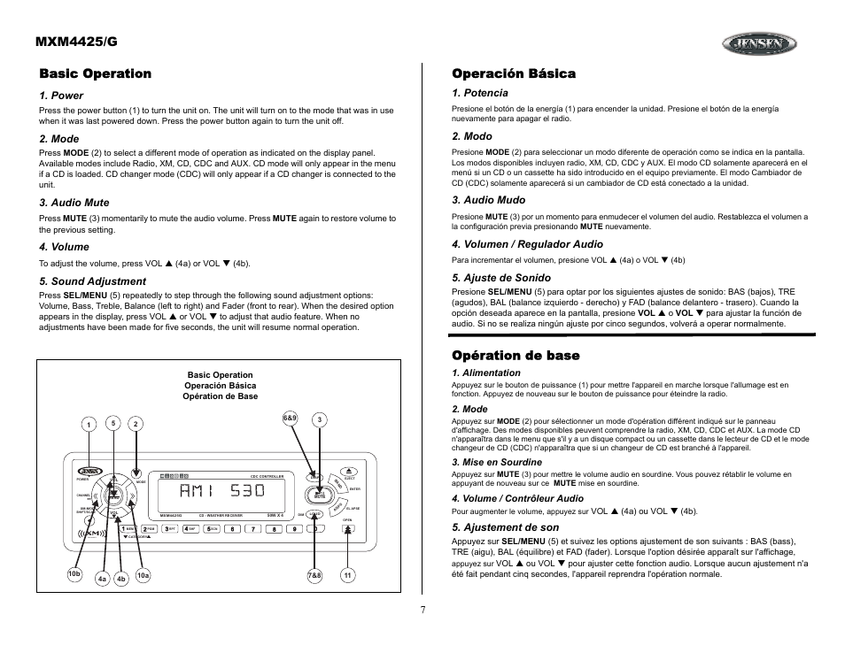 Basic operation, Power, Mode | Audio mute, Volume, Sound adjustment, Operación básica, Potencia, Modo, Audio mudo | ASA Electronics MXM4425/G User Manual | Page 7 / 21
