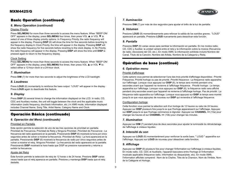 Basic operation (continued), Menu operation (continued), Illumination | Loudness, Display, Operación básica (continuado), Operación del menú (continuado), Iluminación, Volumen, Pantalla | ASA Electronics MXM4425/G User Manual | Page 9 / 21
