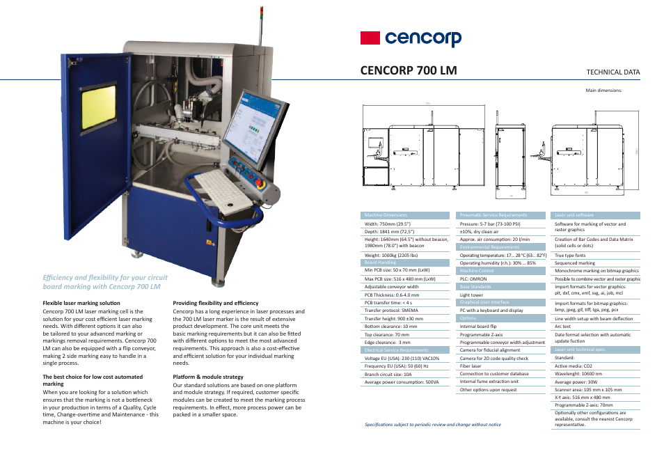 Cencorp 700 lm, Technical data | Cencorp 700 LM – PCB LASER MARKER User Manual | Page 2 / 2