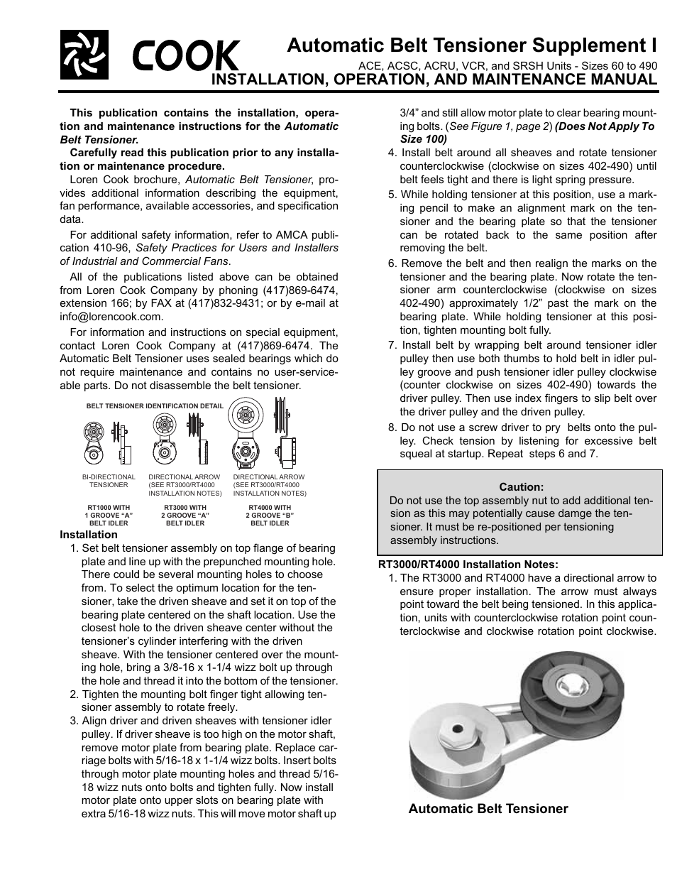 COOK Automatic Belt Tensioner Supplement I User Manual | 2 pages