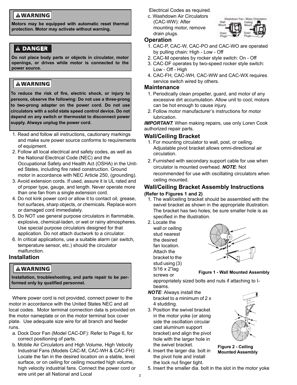 Installation, operation, &maintenance, Wall/ceiling bracket, Wall/ceiling bracket assembly instructions | Installation, Operation, Maintenance | COOK CAC User Manual | Page 2 / 8