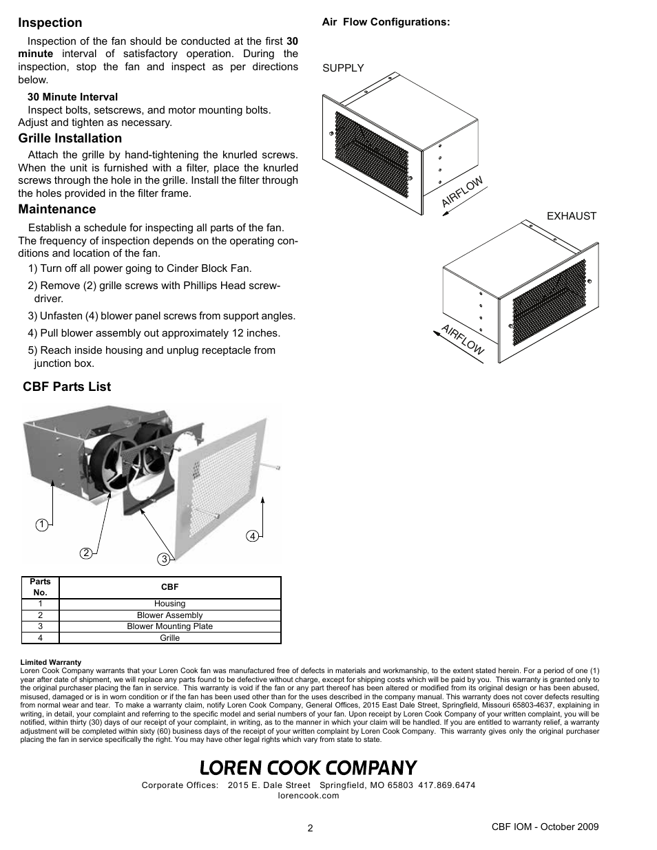 Inspection, Maintenance, Cbf parts list | Grille installation | COOK CBF User Manual | Page 2 / 2