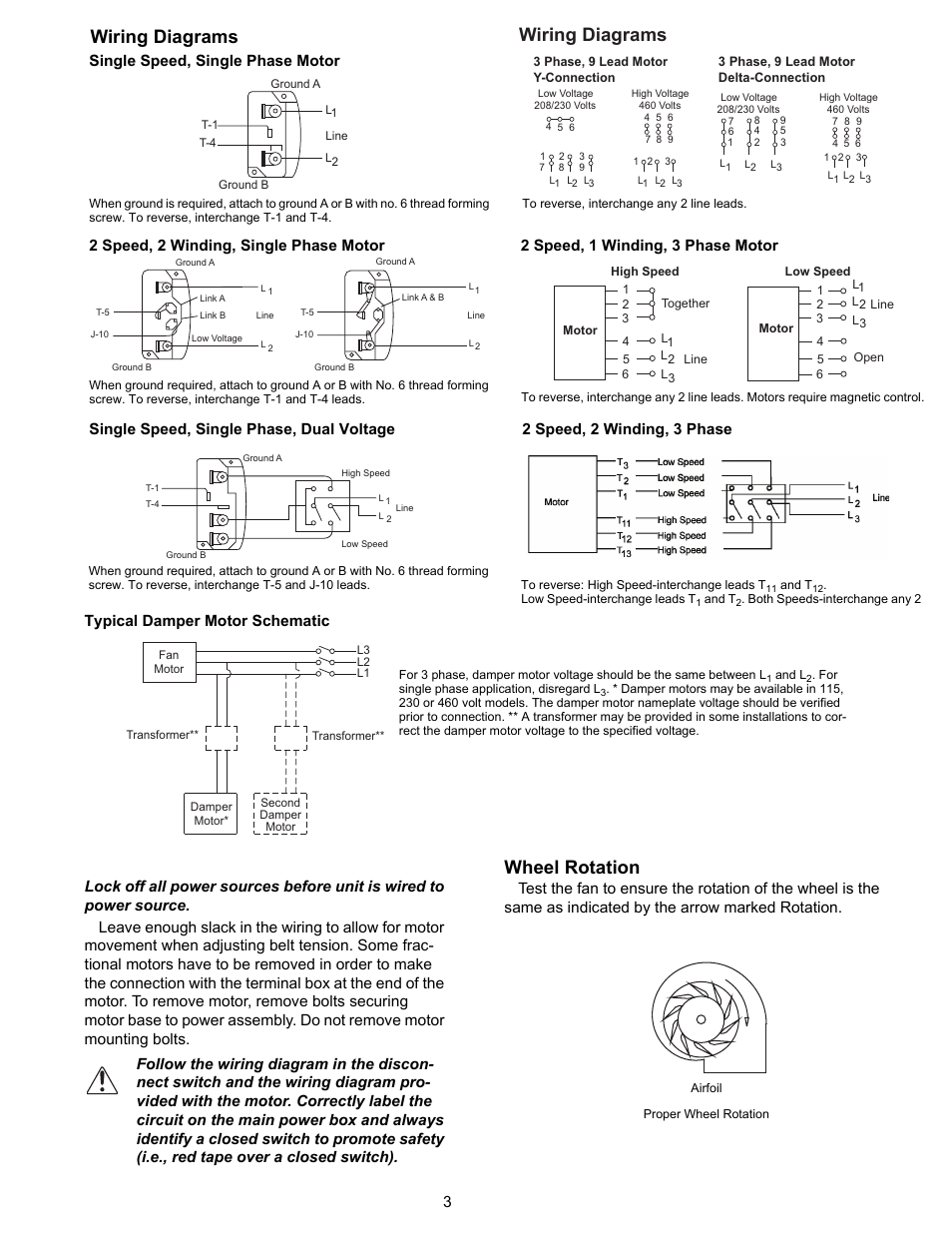 Wiring diagrams, Wheel rotation, Single speed, single phase motor | Typical damper motor schematic | COOK CFS User Manual | Page 3 / 8