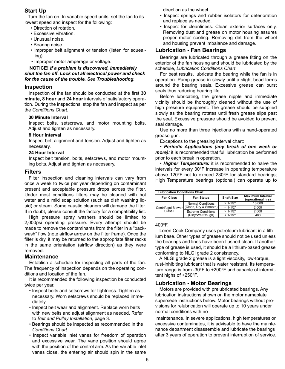 Inspection, Filters, Maintenance | Bearings, Start up, Lubrication - fan bearings, Lubrication - motor bearings | COOK CFS User Manual | Page 5 / 8