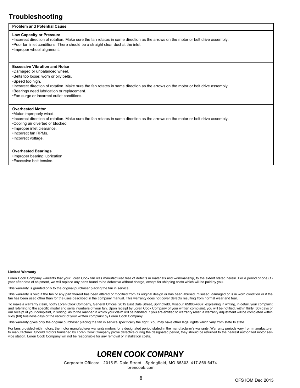 Troubleshooting | COOK CFS User Manual | Page 8 / 8