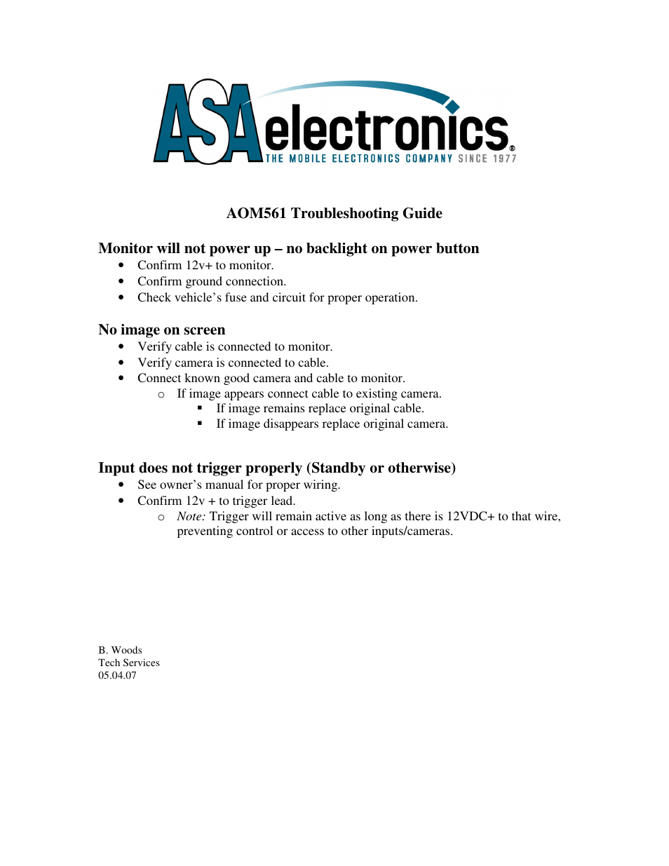 ASA Electronics AOM561 User Manual | 1 page
