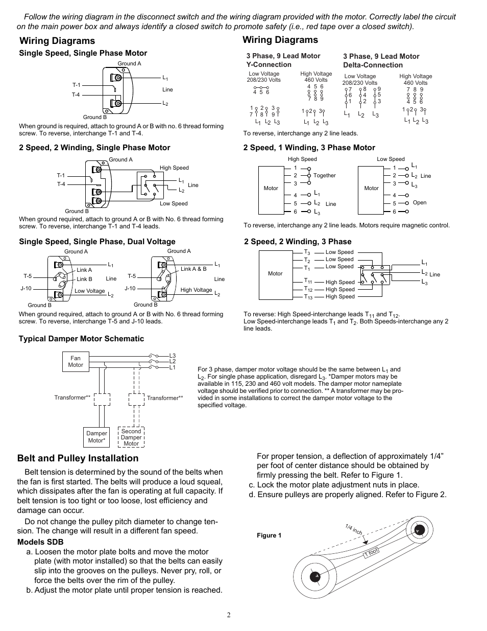 Belt and pulley, Belt and pulley installation, Wiring diagrams | Single speed, single phase motor, Typical damper motor schematic | COOK Duct Blower User Manual | Page 2 / 8
