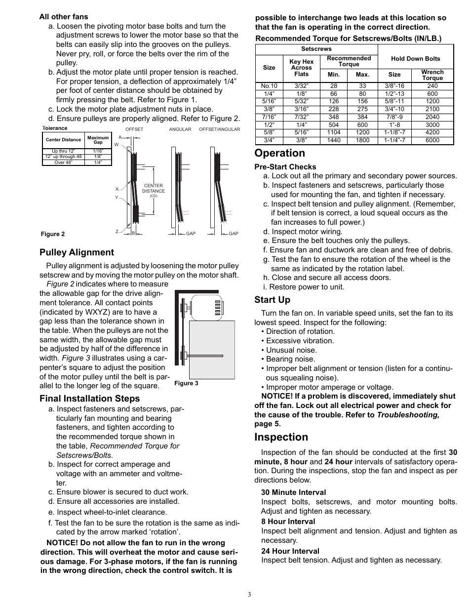 Operation, Inspection, Pulley alignment | Final installation steps, Start up | COOK Duct Blower User Manual | Page 3 / 8