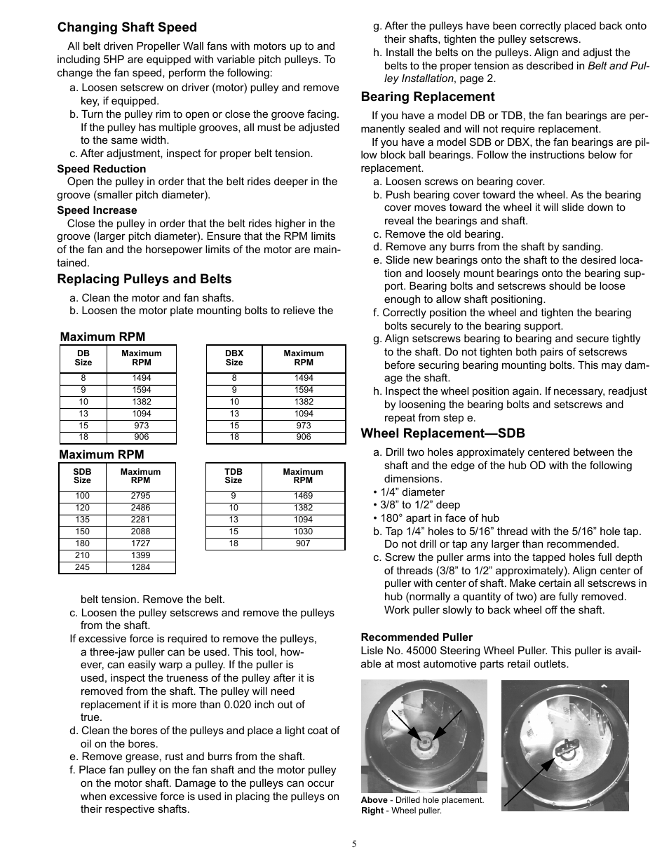 Changing shaft speed, Replacing pulleys and belts, Bearing replacement | Wheel replacement—sdb, Maximum rpm | COOK Duct Blower User Manual | Page 5 / 8