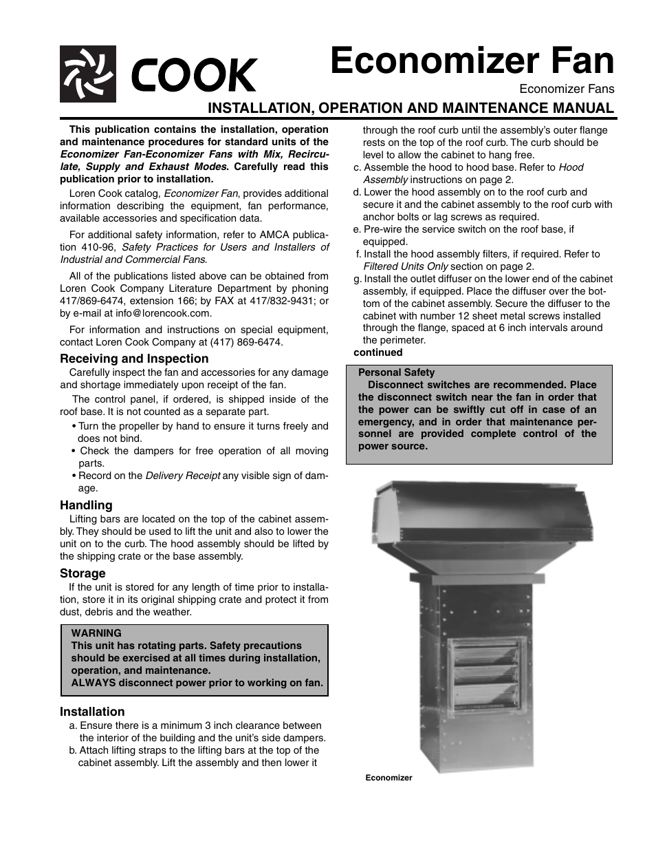 COOK Economizer Fan User Manual | 8 pages