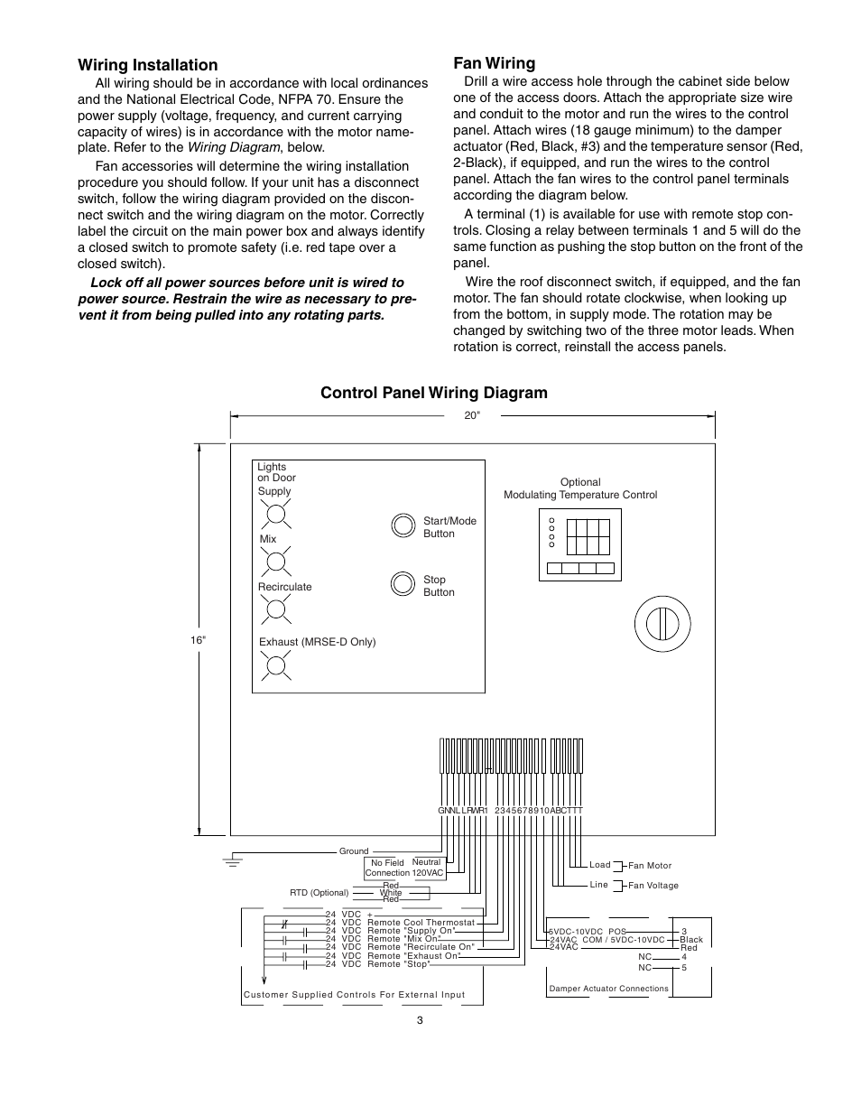 Wiring, Wiring diagram, Wiring installation | Fan wiring, Control panel wiring diagram | COOK Economizer Fan User Manual | Page 3 / 8