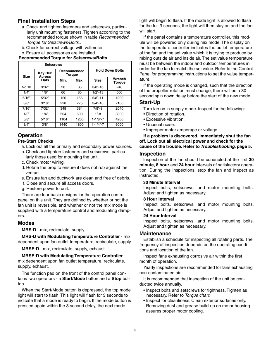 Final installation, Operation, Maintenance | Start-up, Inspection, Final installation steps, Modes | COOK Economizer Fan User Manual | Page 4 / 8