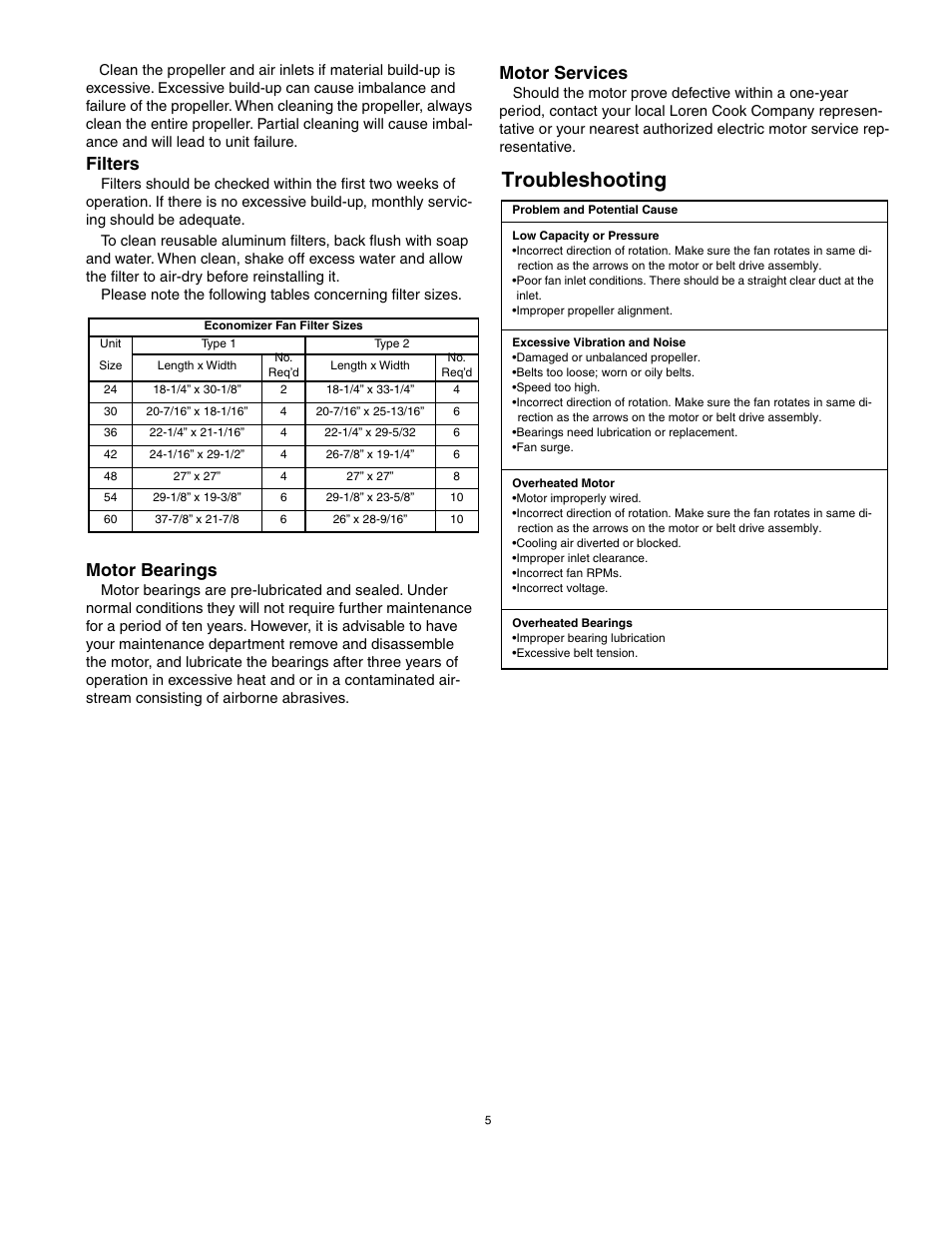 Bearings, Motor services, Troubleshooting | Filters, Motor bearings | COOK Economizer Fan User Manual | Page 5 / 8