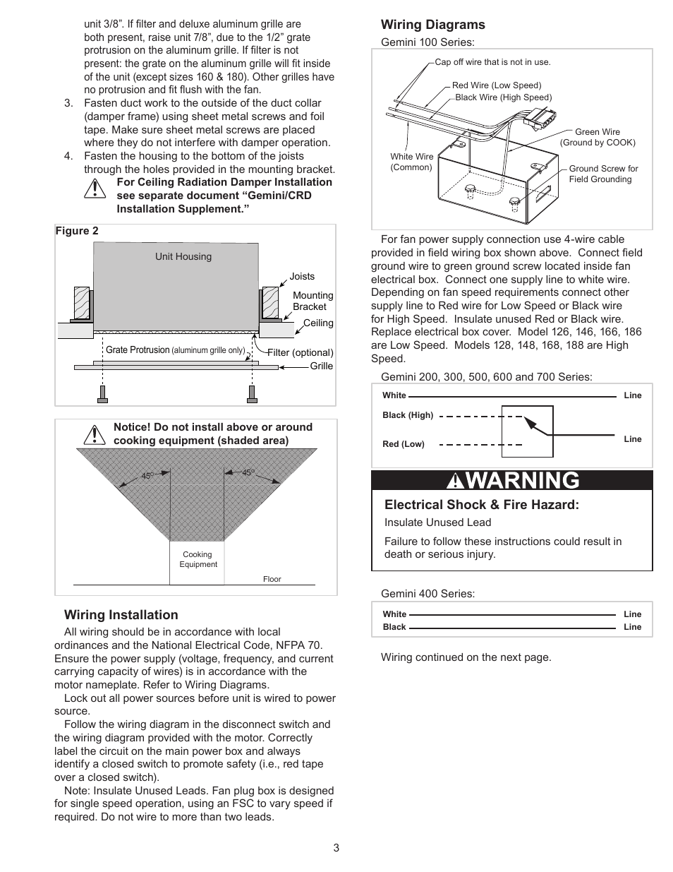 Wiring installation, Wiring diagrams, Electrical shock & fire hazard | COOK Gemini User Manual | Page 3 / 8