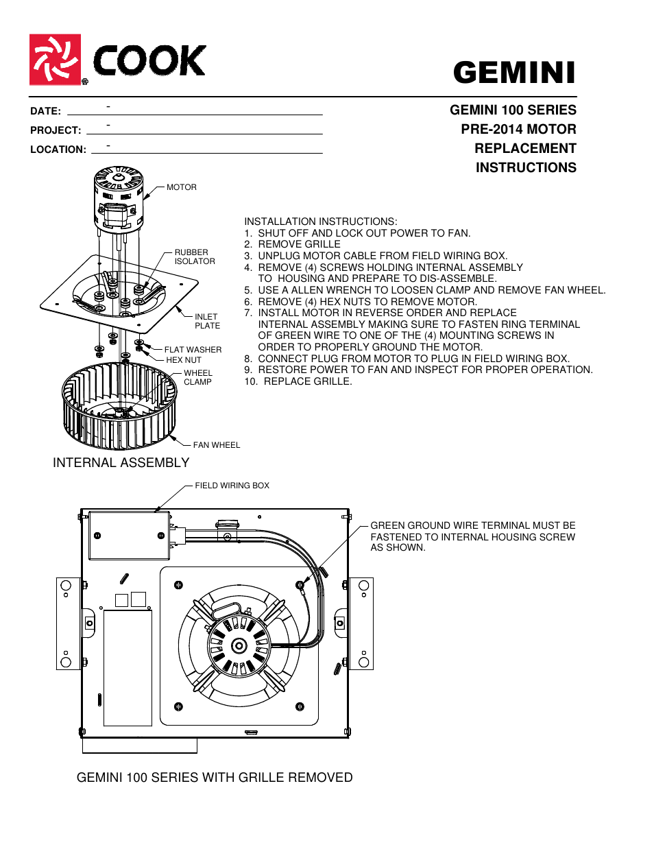 COOK GEMINI 100 SERIES PRE-2014 MOTOR User Manual | 1 page