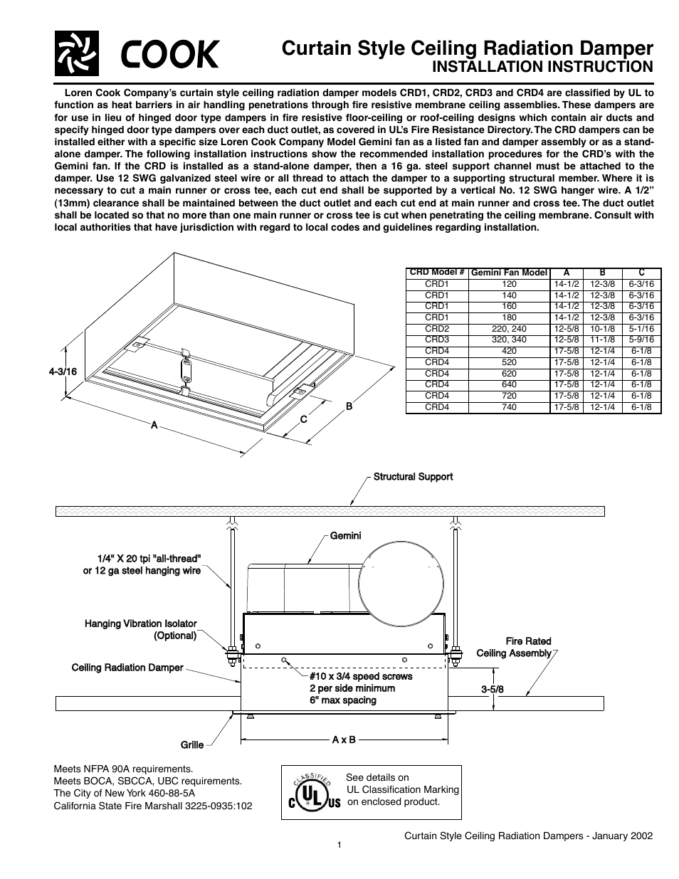 COOK Curtain Style Ceiling Radiation Damper User Manual | 1 page