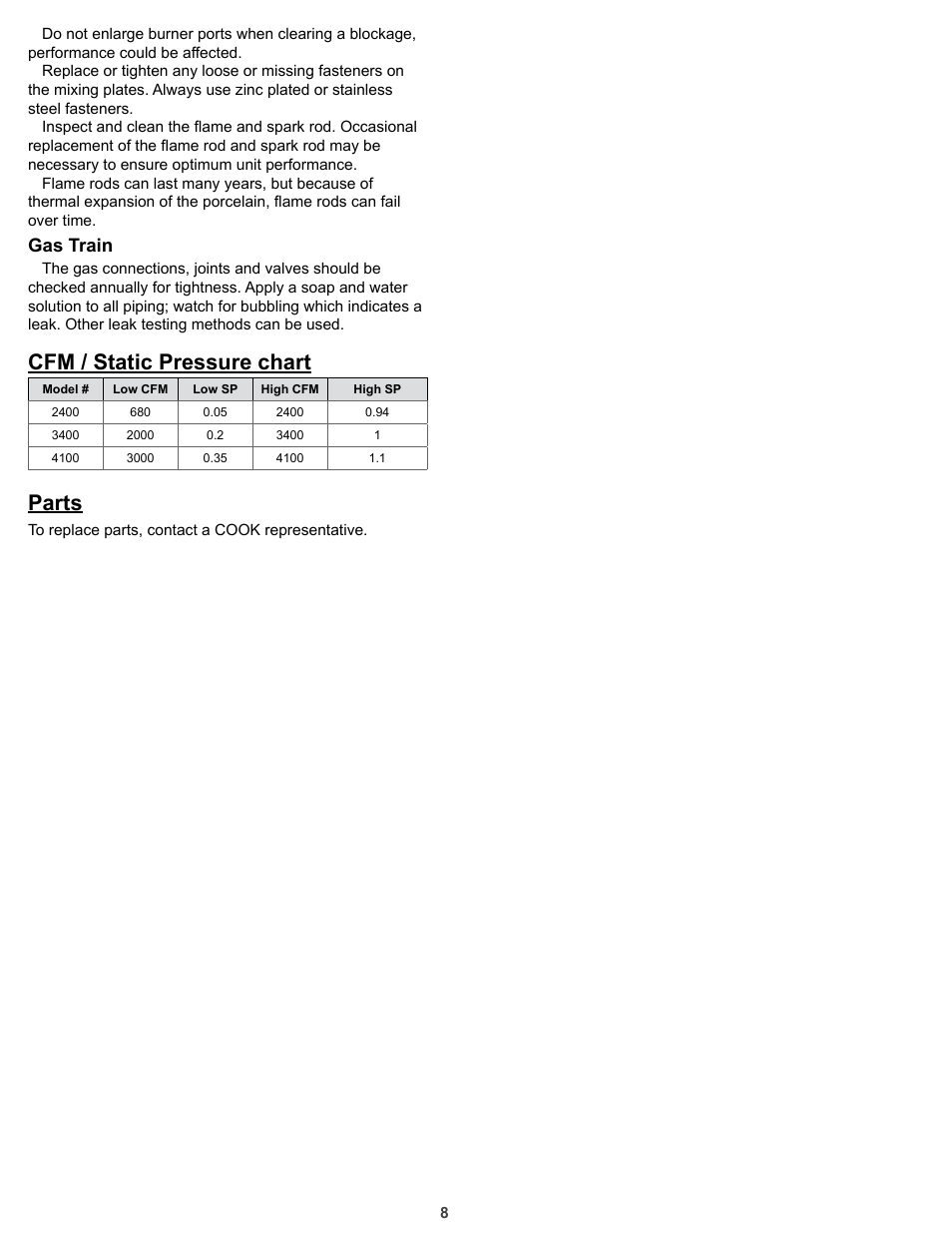 Cfm / static pressure chart, Parts, Gas train | COOK HMD EN User Manual | Page 8 / 16