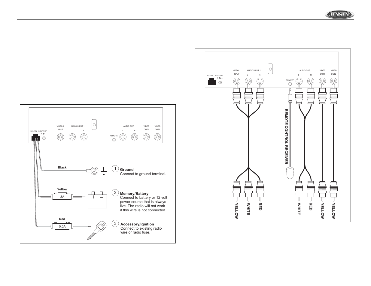 Dv352 wiring, Power connections, Audio/video connections | Jensen Tools DV352 User Manual | Page 5 / 15