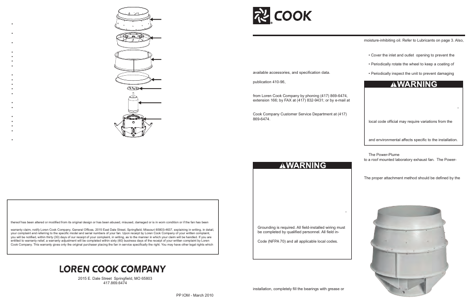 Troubleshooting, Part list, Power-plume | Installation, operation, and maintenance manual, Receiving, Installation | COOK Power-Plume User Manual | Page 4 / 4