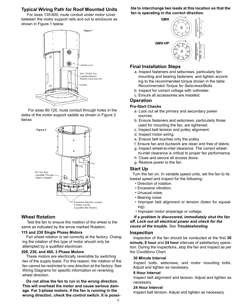 Typical wiring path for roof mounted units, Wheel rotation, Final steps | Operation, Start up, Inspection, Final installation steps | COOK QMX User Manual | Page 5 / 12
