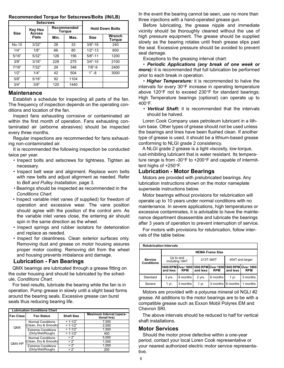 Maintenance, Lubrication, Fan bearings | Motor bearings, Motor services, Lubrication - fan bearings, Lubrication - motor bearings | COOK QMX User Manual | Page 6 / 12