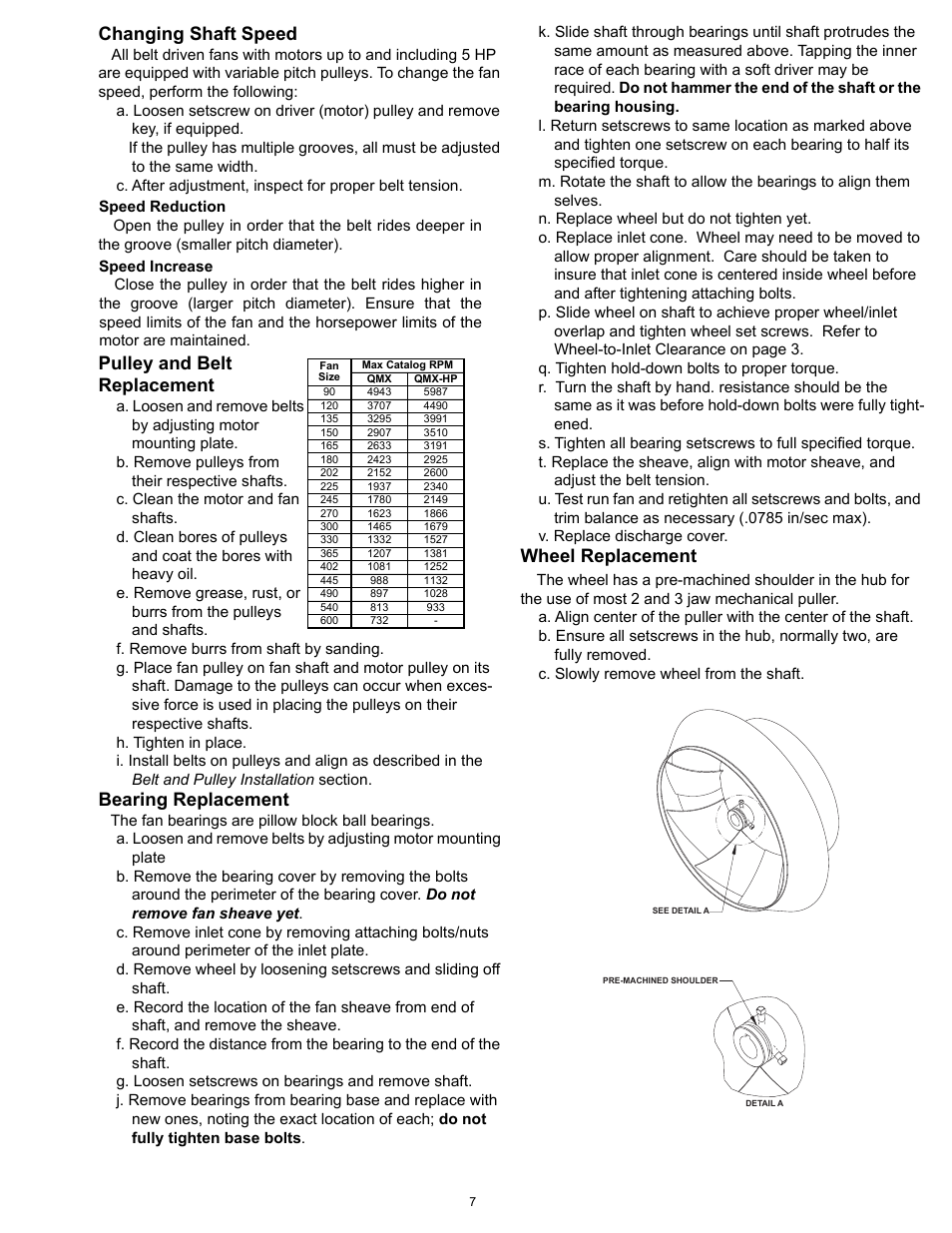 Pulley and belt, Bearing, Wheel | Wheel replacement, Changing shaft speed, Pulley and belt replacement, Bearing replacement | COOK QMX User Manual | Page 7 / 12