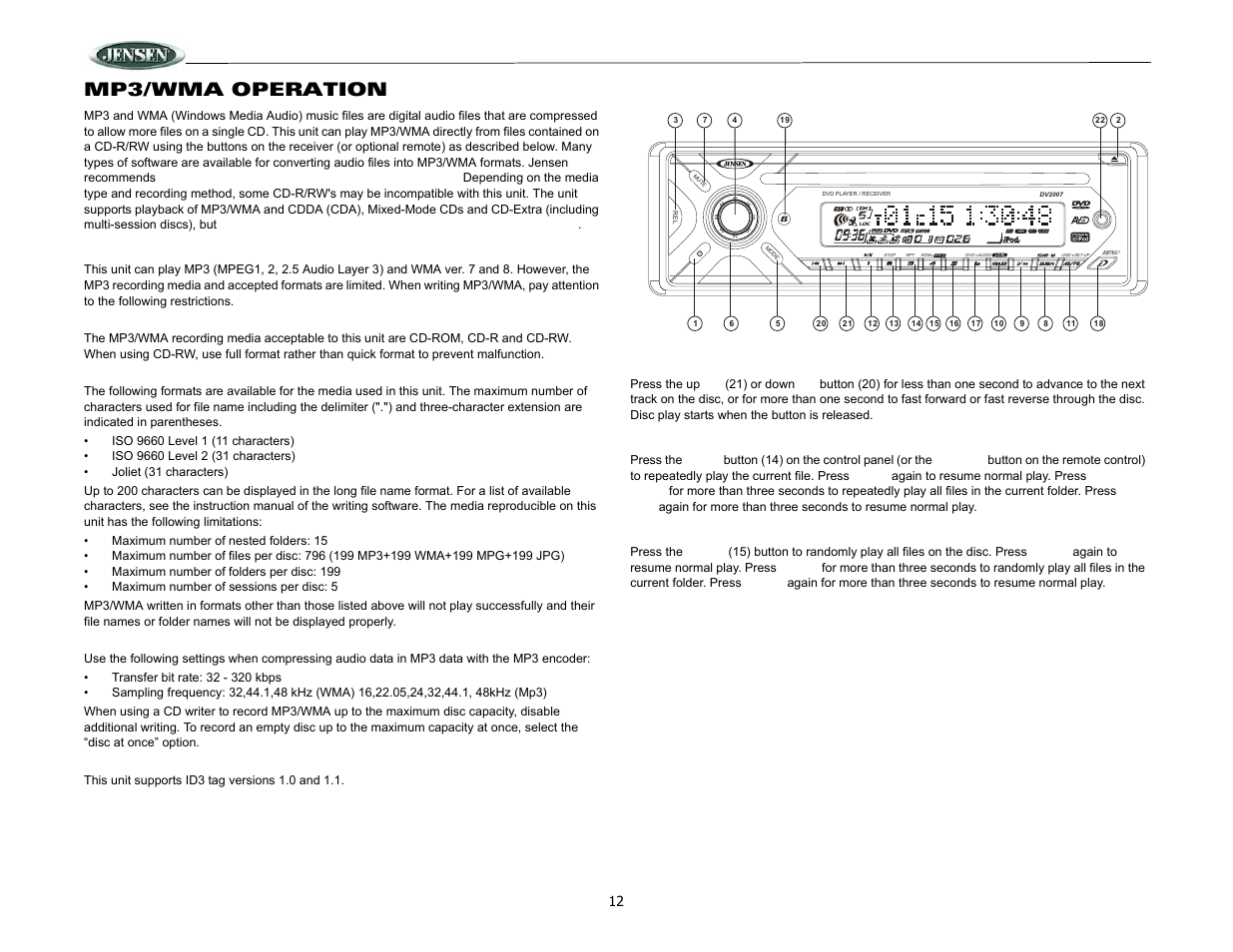 Dv2007, Mp3/wma operation | ASA Electronics DV2007 User Manual | Page 12 / 18