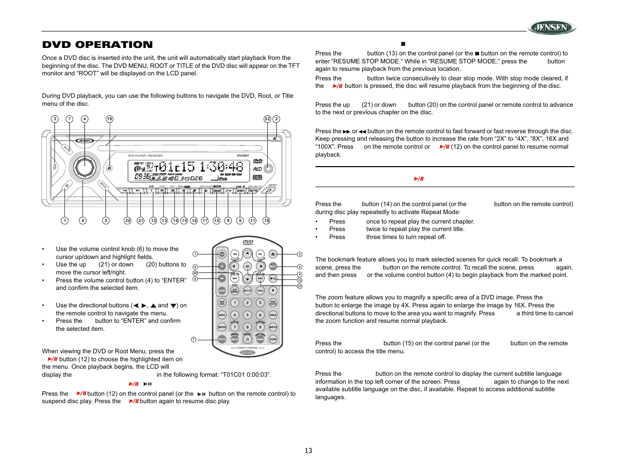 Dv2007, Dvd operation | ASA Electronics DV2007 User Manual | Page 13 / 18