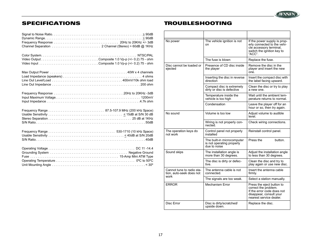 Dv2007, Specifications, Troubleshooting | ASA Electronics DV2007 User Manual | Page 17 / 18