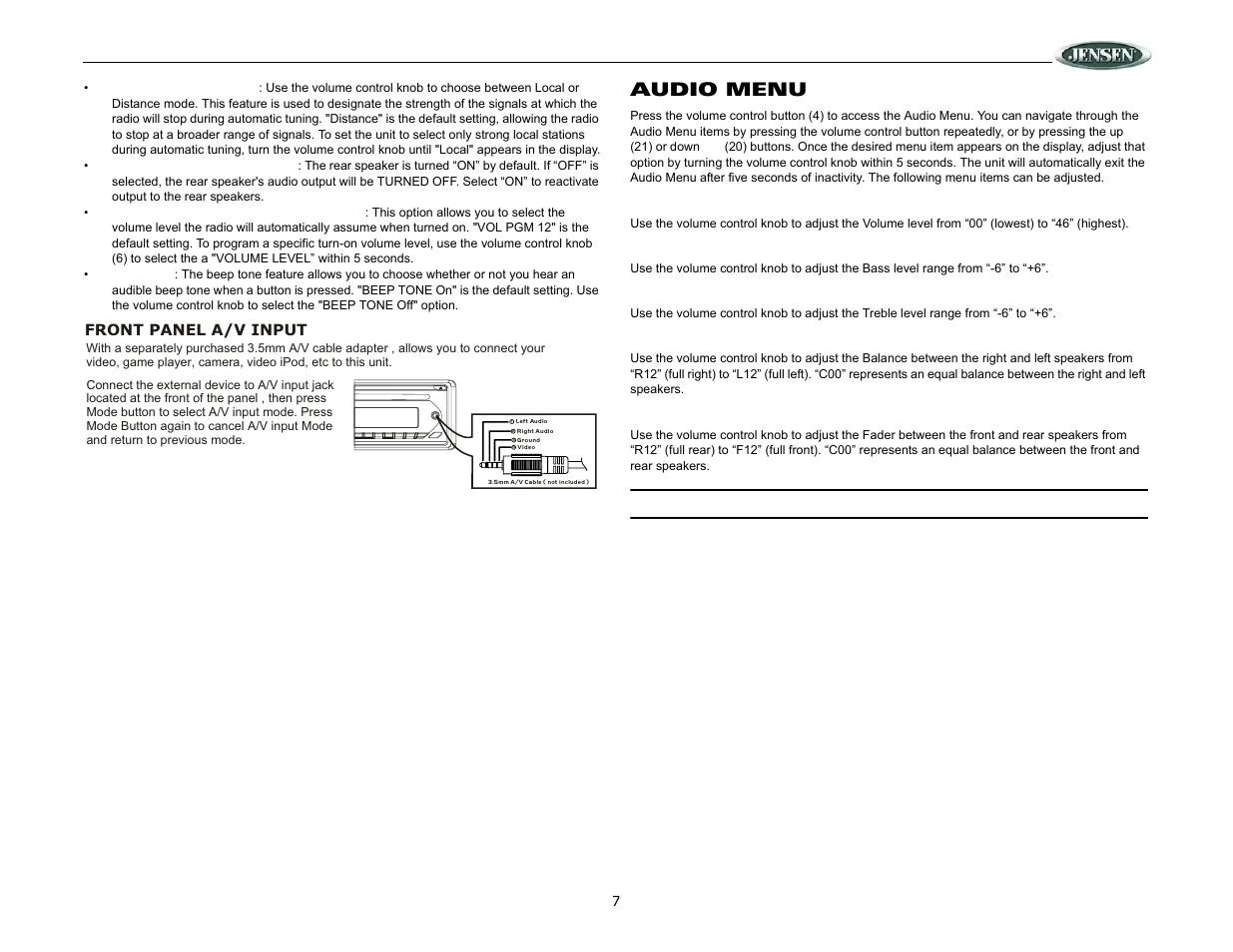 Dv2007, Audio menu | ASA Electronics DV2007 User Manual | Page 7 / 18