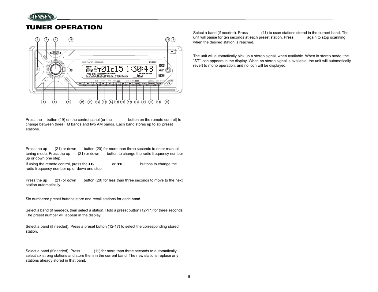 Dv2007, Tuner operation, Select a band | Tuning, Preset stations, Automatically store / preset scan, Stereo | ASA Electronics DV2007 User Manual | Page 8 / 18