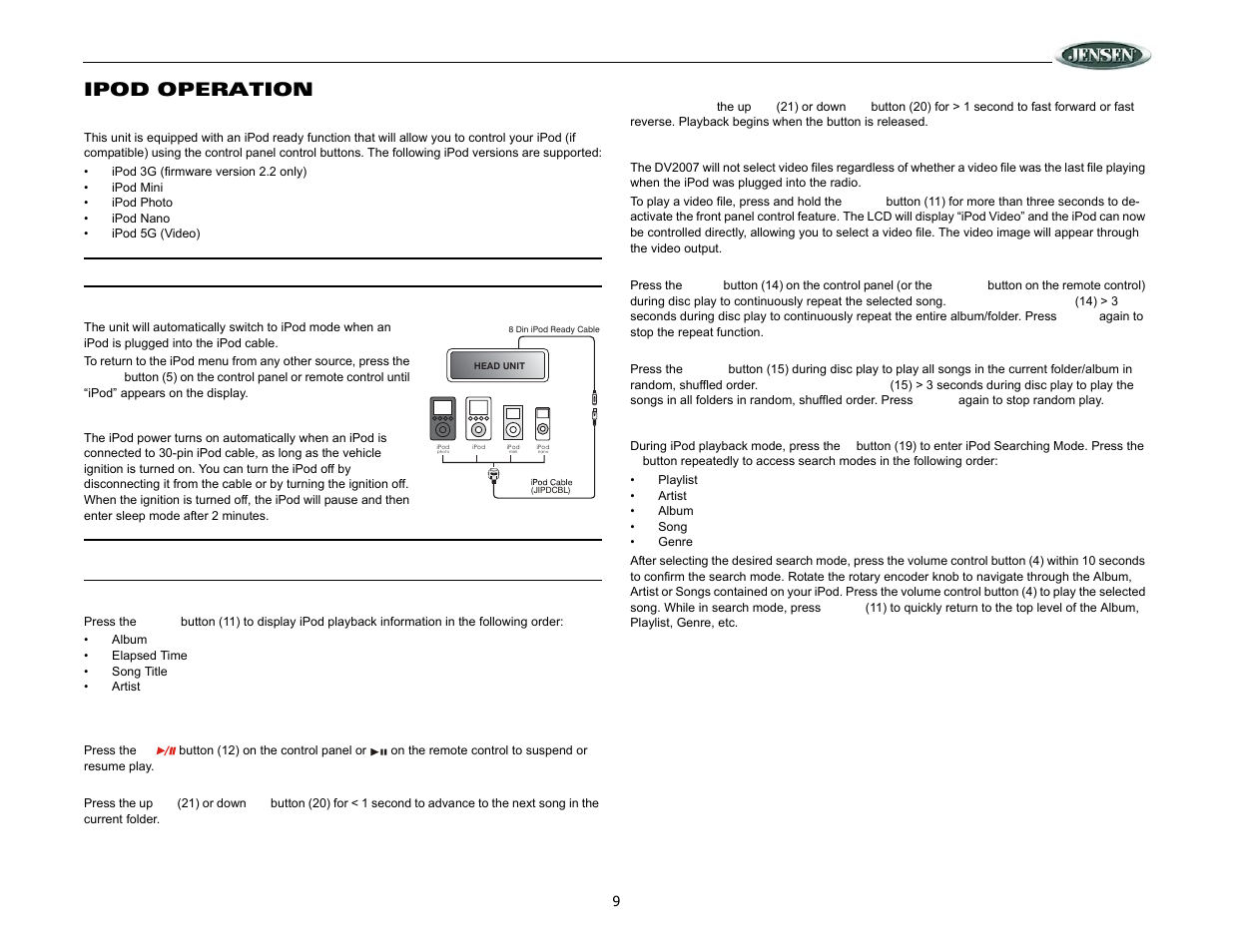Dv2007, Ipod operation | ASA Electronics DV2007 User Manual | Page 9 / 18