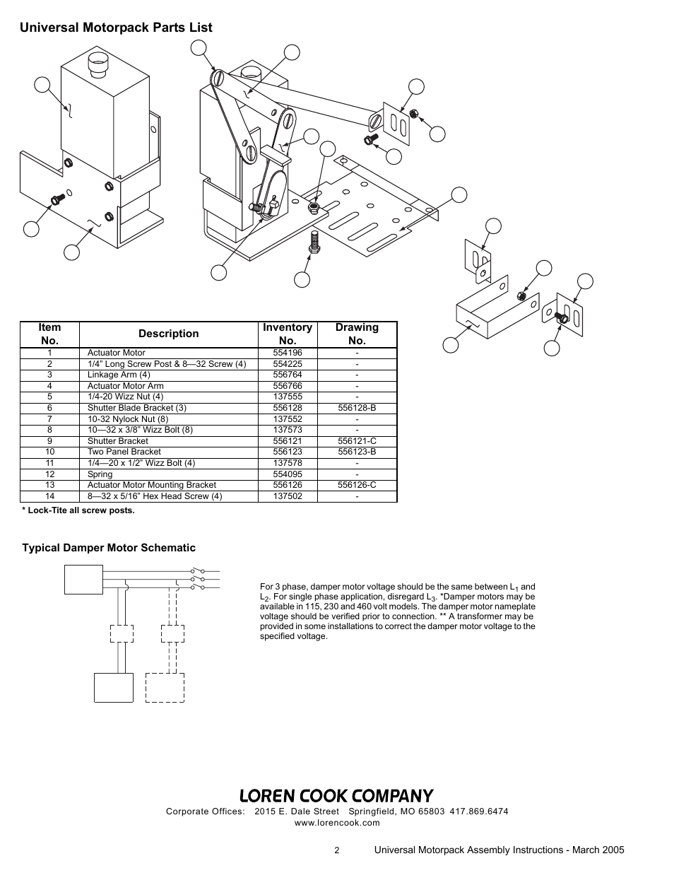 Universal motorpack parts list continued, Typical damper motor schematic, Universal motorpack parts list | COOK Universal Motor Pack User Manual | Page 2 / 2