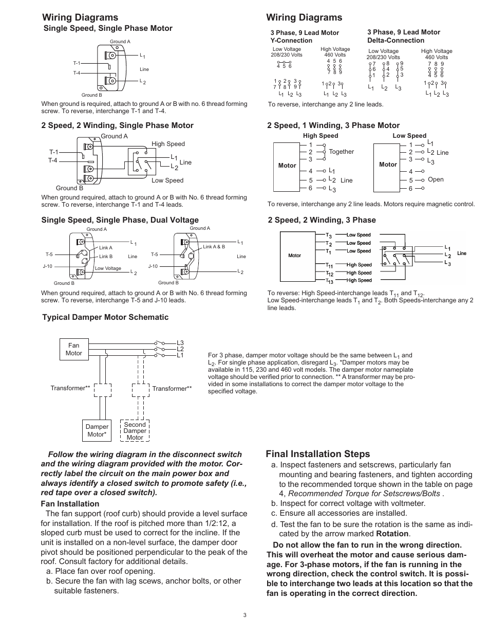 Wiring diagrams, Final installation steps, Single speed, single phase motor | Typical damper motor schematic | COOK Propeller Upblast User Manual | Page 3 / 8