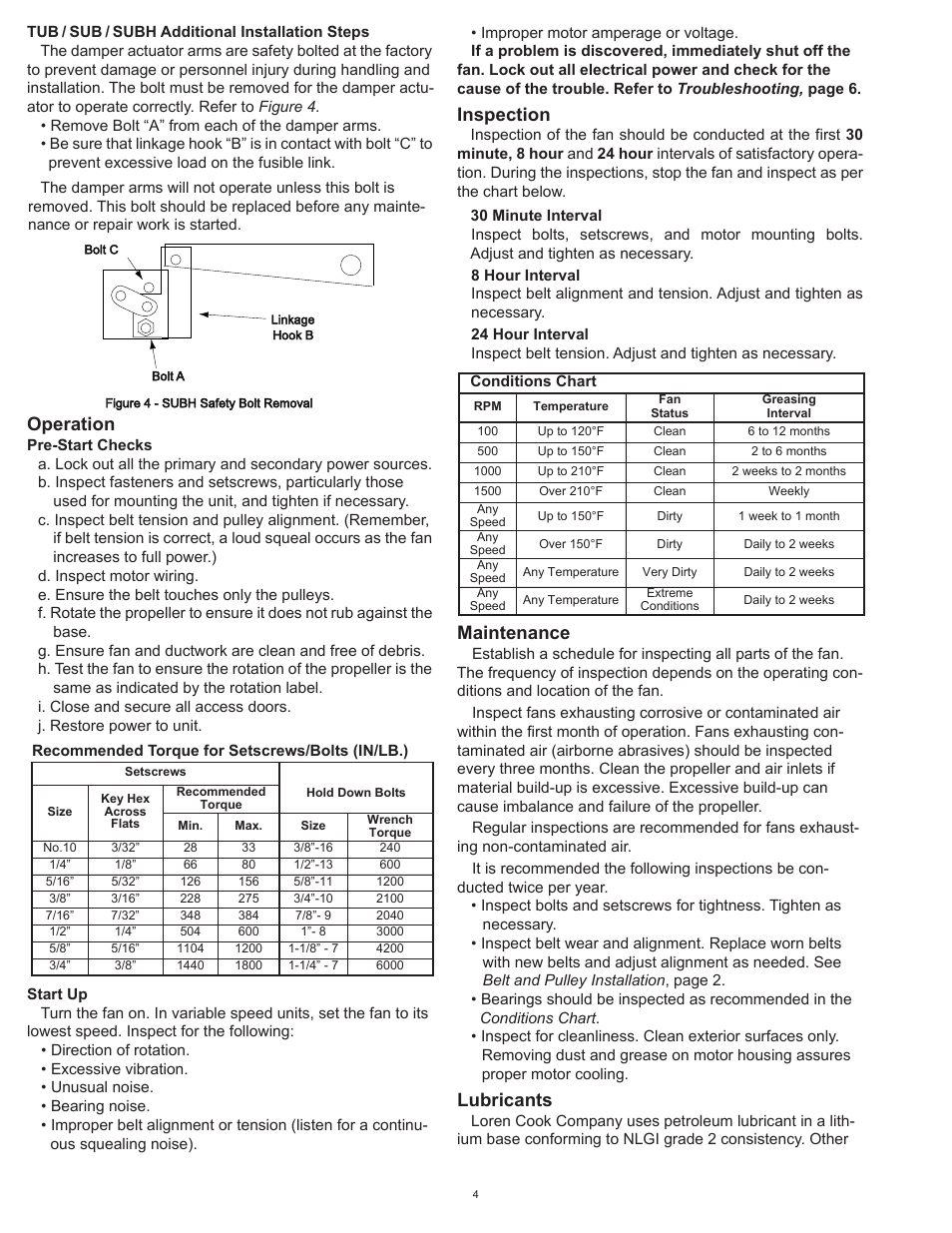 Operation, Inspection, Maintenance | Lubricants | COOK Propeller Upblast User Manual | Page 4 / 8