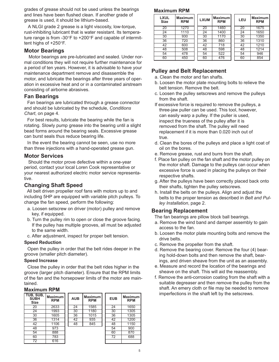 Motor bearings, Fan bearings, Motor services | Changing shaft speed, Pulley and belt replacement, Bearing replacement, Maximum rpm | COOK Propeller Upblast User Manual | Page 5 / 8