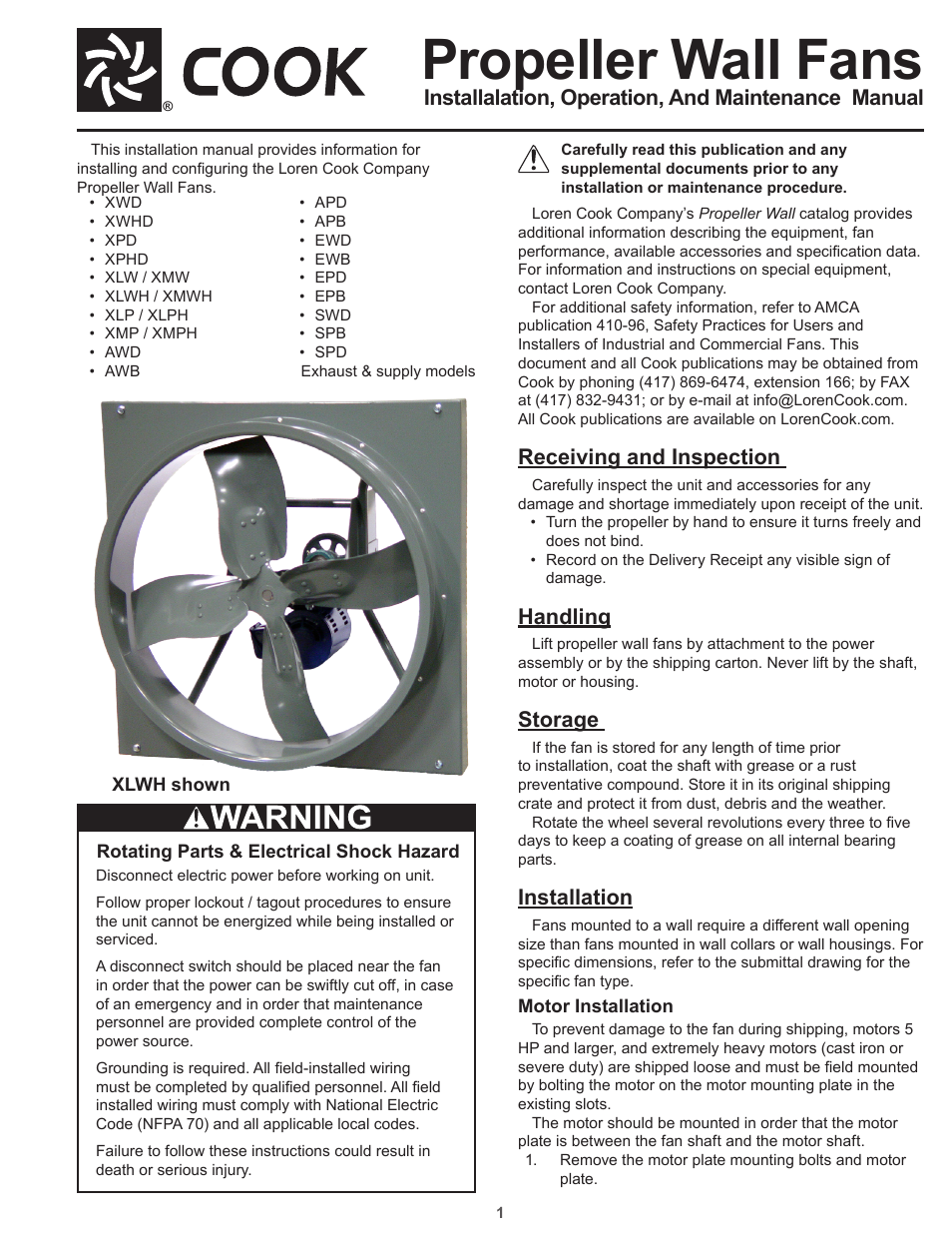 COOK Propeller Wall Fans User Manual | 16 pages