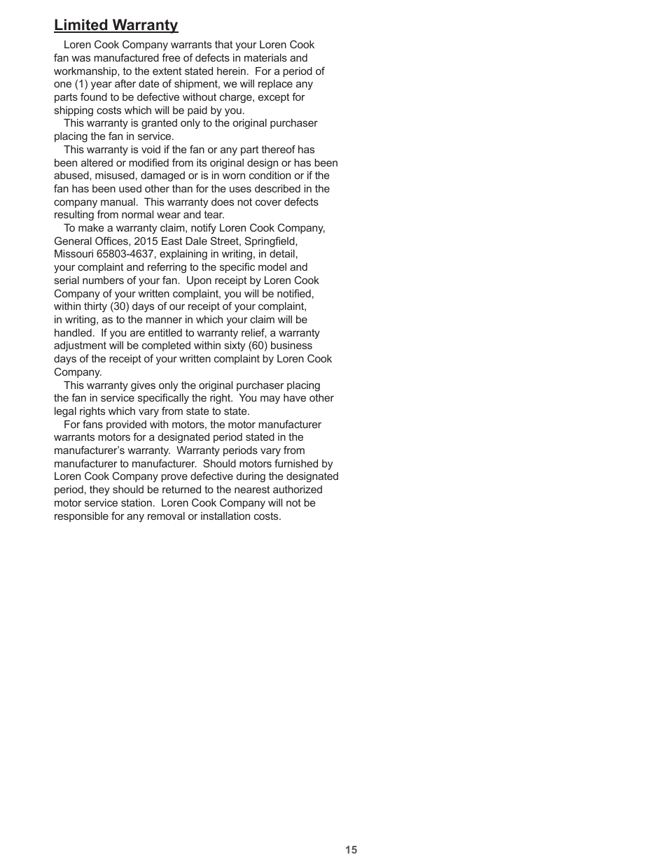 Limited warranty | COOK Propeller Wall Fans User Manual | Page 15 / 16