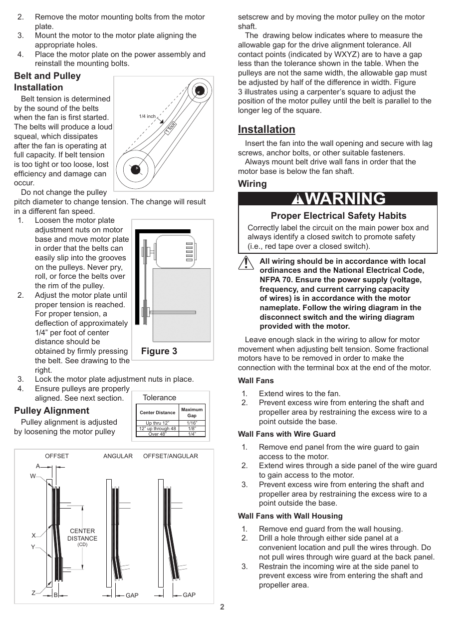 Installation, Wiring, Belt and pulley installation | Pulley alignment, Proper electrical safety habits, Figure 3 | COOK Propeller Wall Fans User Manual | Page 2 / 16