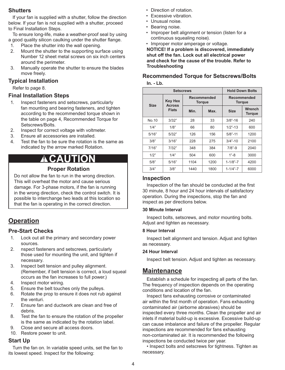 Maintenance, Operation, Recommended torque for setscrews/bolts | Inspection, Shutters, Typical installation, Final installation steps, Proper rotation, Pre-start checks, Start up | COOK Propeller Wall Fans User Manual | Page 4 / 16