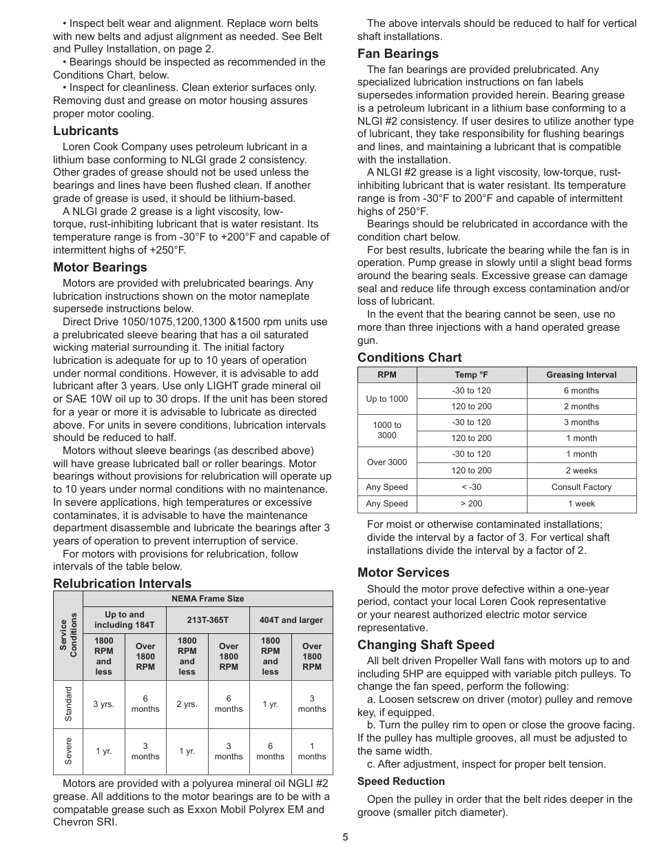 Fan bearings, Conditions chart, Motor services | Changing shaft speed, Lubricants, Motor bearings, Relubrication intervals | COOK Propeller Wall Fans User Manual | Page 5 / 16