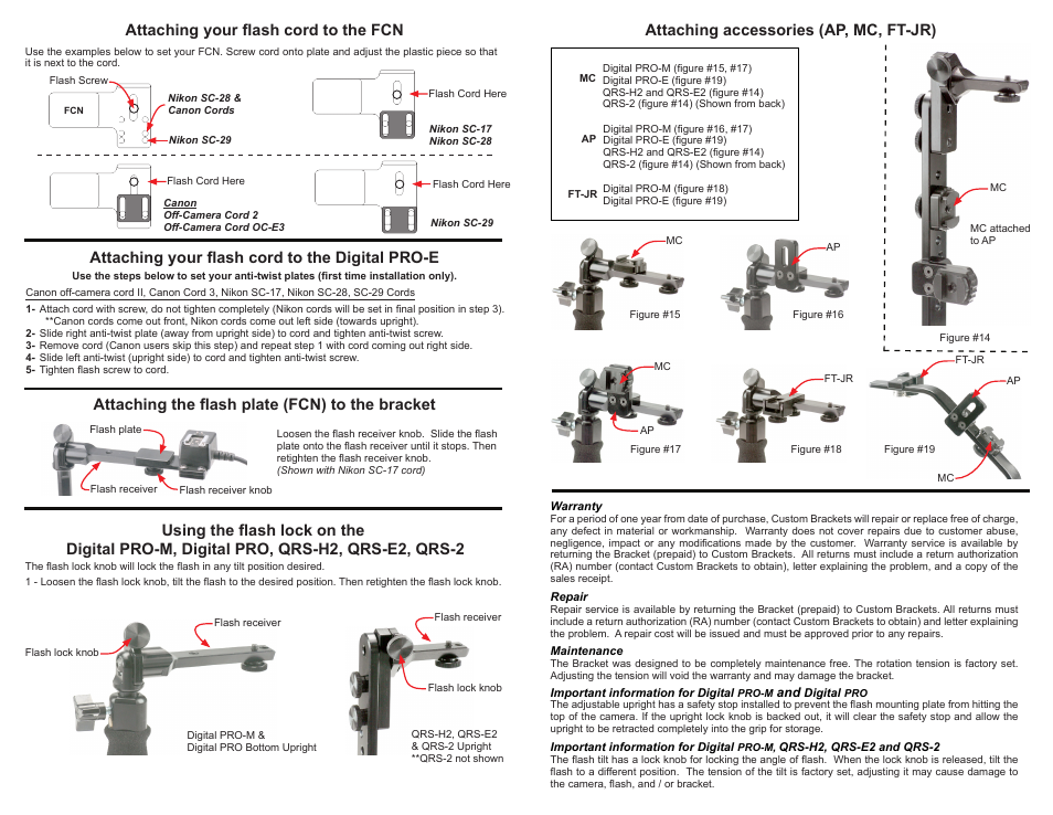 Attaching the flash plate (fcn) to the bracket, Attaching your flash cord to the digital pro-e, Attaching accessories (ap, mc, ft-jr) | Custom Brackets QRS-2 User Manual | Page 2 / 2