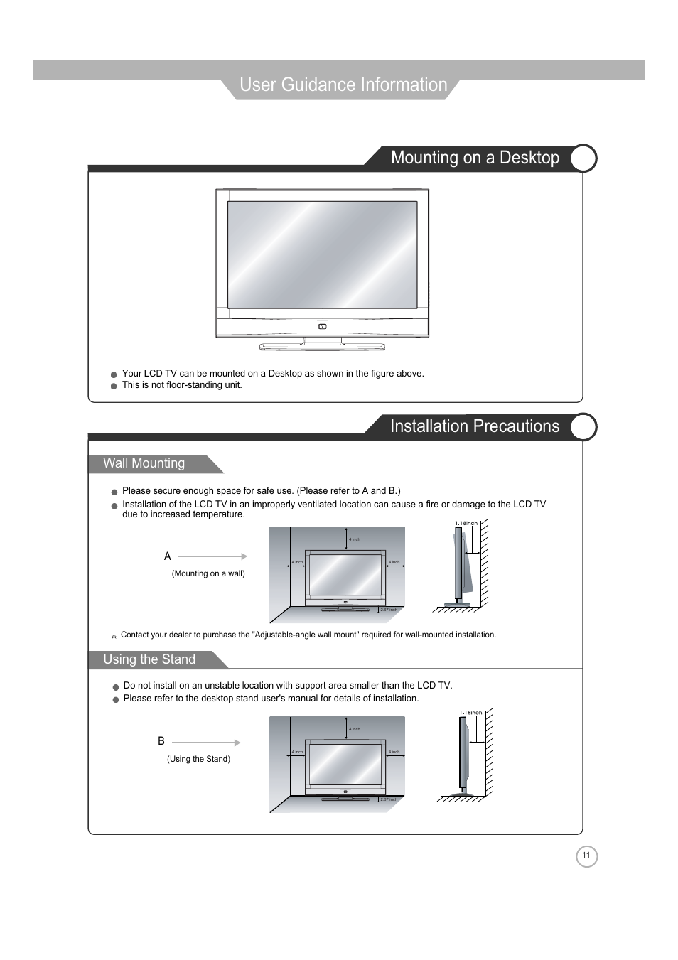 User guidance information, Mounting on a desktop installation precautions, Wall mounting using the stand | ASA Electronics JE4208 User Manual | Page 11 / 40