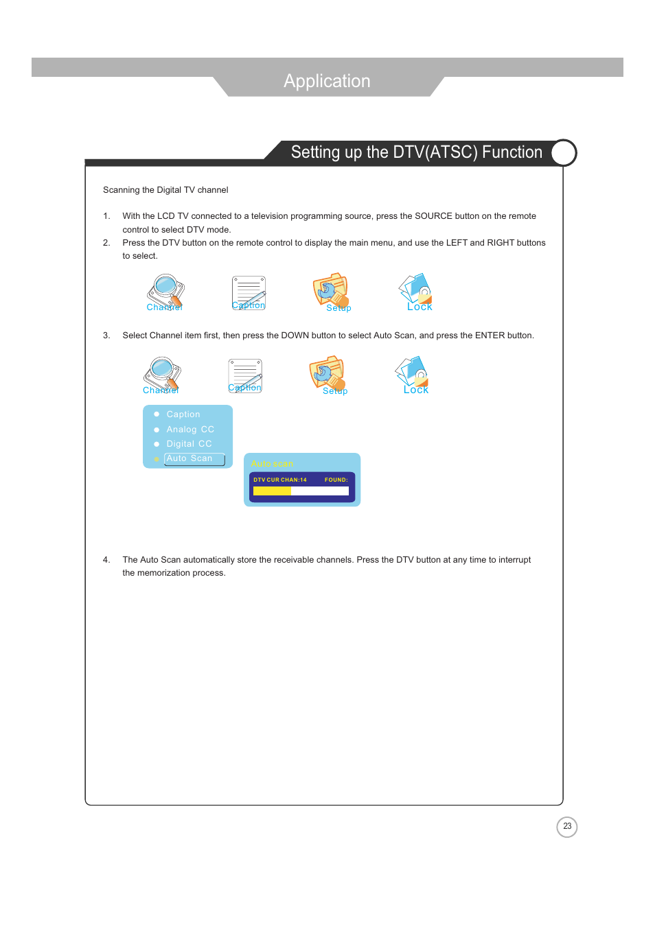 Application, Setting up the dtv(atsc) function | ASA Electronics JE4208 User Manual | Page 23 / 40