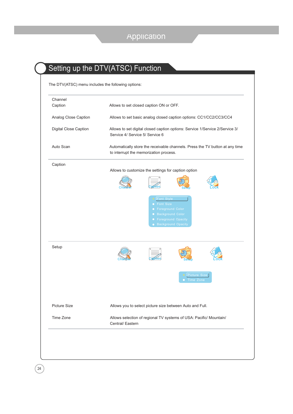 Application, Setting up the dtv(atsc) function | ASA Electronics JE4208 User Manual | Page 24 / 40