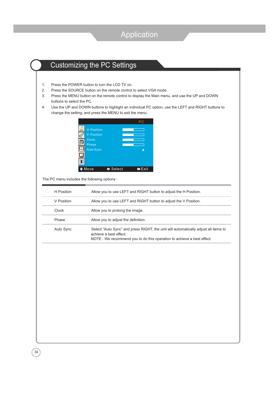 Application, Customizing the pc settings | ASA Electronics JE4208 User Manual | Page 34 / 40