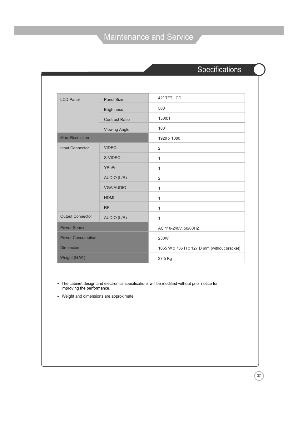 Maintenance and service, Specifications | ASA Electronics JE4208 User Manual | Page 37 / 40