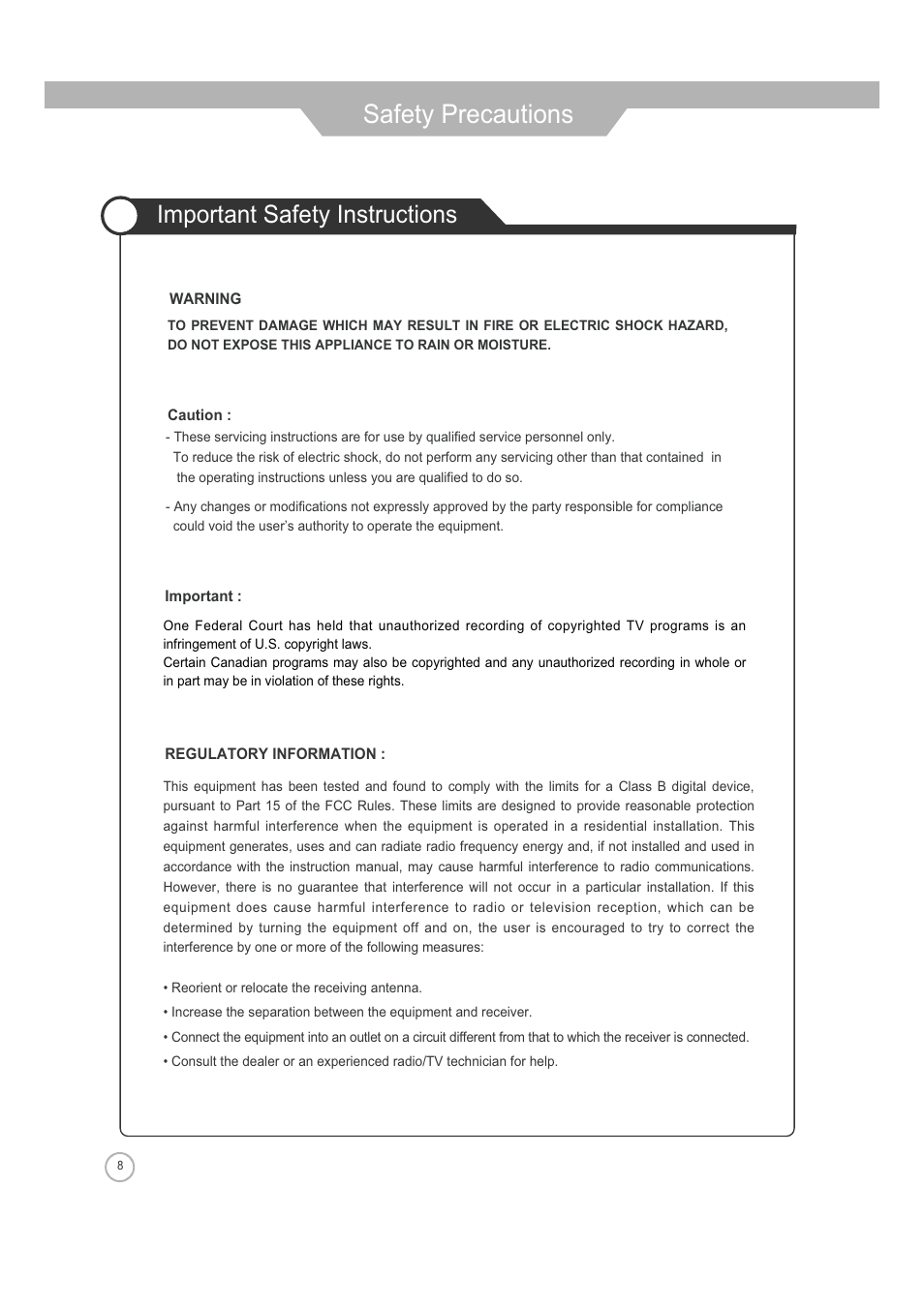 Safety precautions, Important safety instructions | ASA Electronics JE4208 User Manual | Page 8 / 40