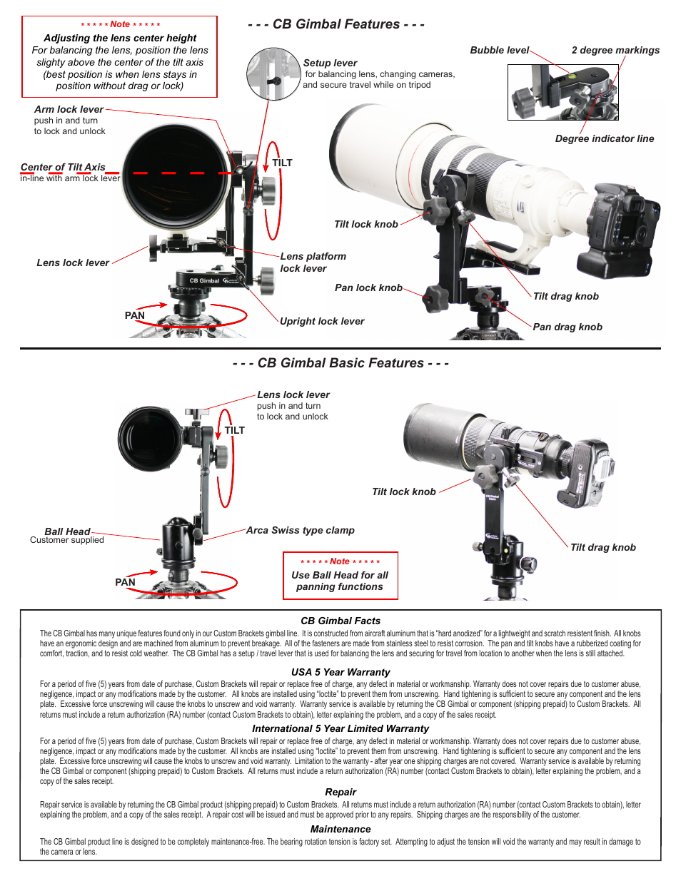 Cb gimbal features, Cb gimbal basic features | Custom Brackets CB Gimbal-LB User Manual | Page 2 / 2